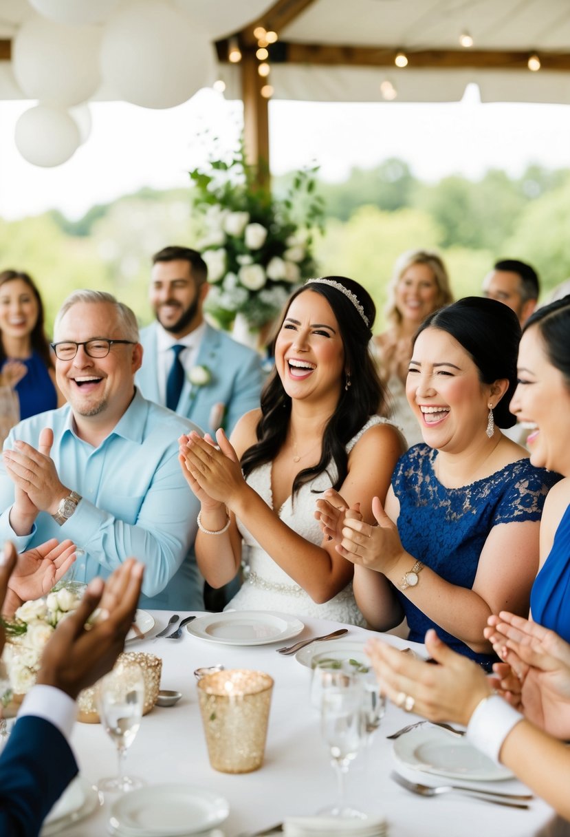 Guests laughing, clapping, and guessing song titles while playing Name That Wedding Tune game at a bridal shower