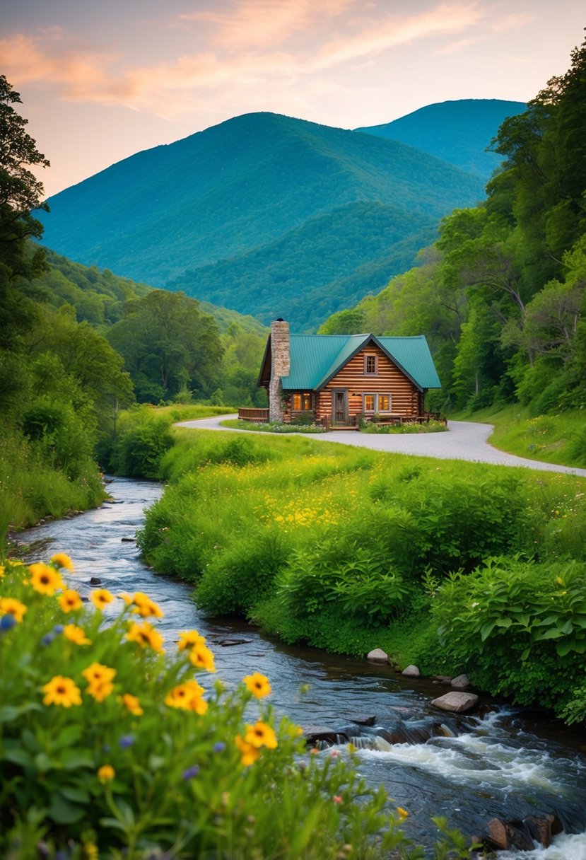 A cozy cabin nestled in the lush greenery of the Blue Ridge Mountains, with a winding river and vibrant wildflowers surrounding it