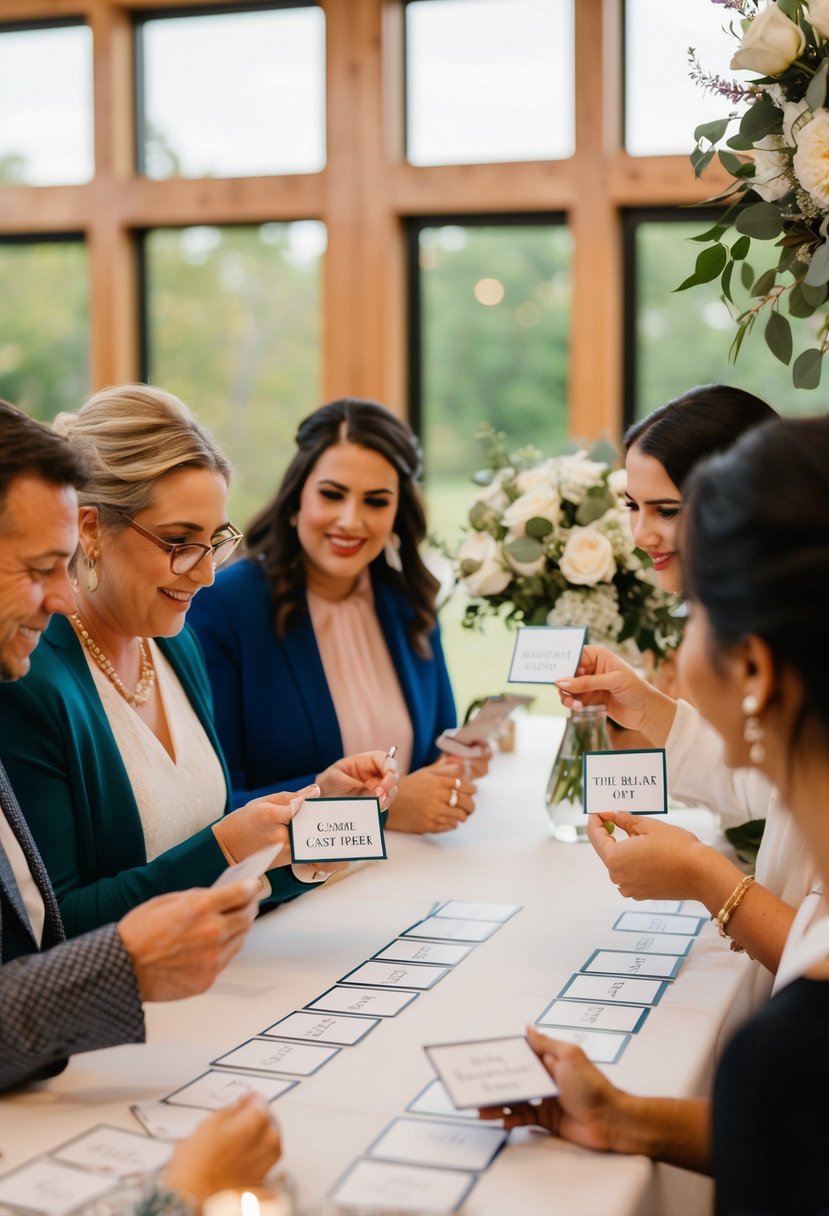 Guests guessing answers on game cards at a wedding shower