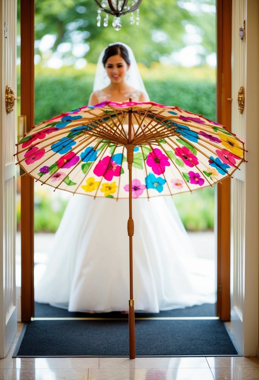 A colorful floral parasol stands at the entrance, ready for a bride's wedding