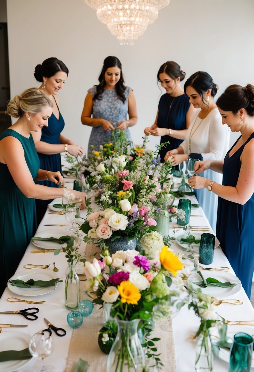 A table covered in assorted flowers, vases, and greenery. Scissors, ribbons, and decorative accents scattered around. A group of women arranging floral centerpieces for a wedding shower