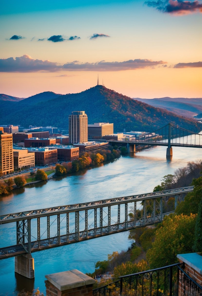 A scenic view of Lookout Mountain overlooking the Tennessee River in Chattanooga, with a charming downtown in the background