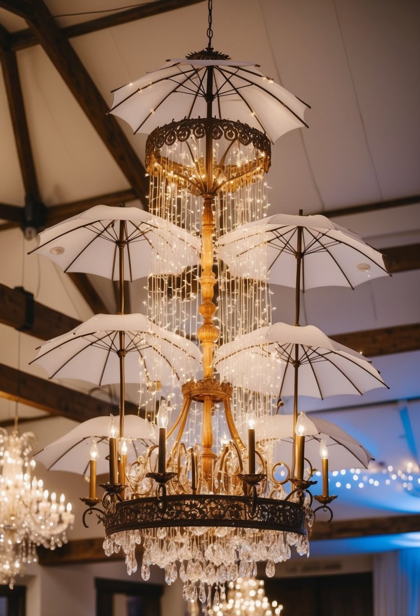 An ornate chandelier made of umbrellas adorned with twinkling fairy lights, creating a whimsical and enchanting wedding decoration