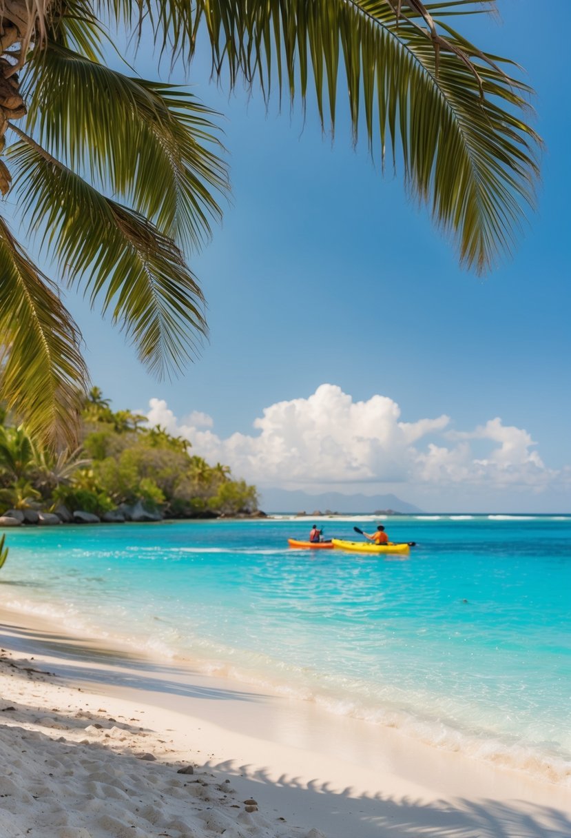 A palm-fringed beach with crystal-clear water, colorful coral reefs, and a couple kayaking in the distance