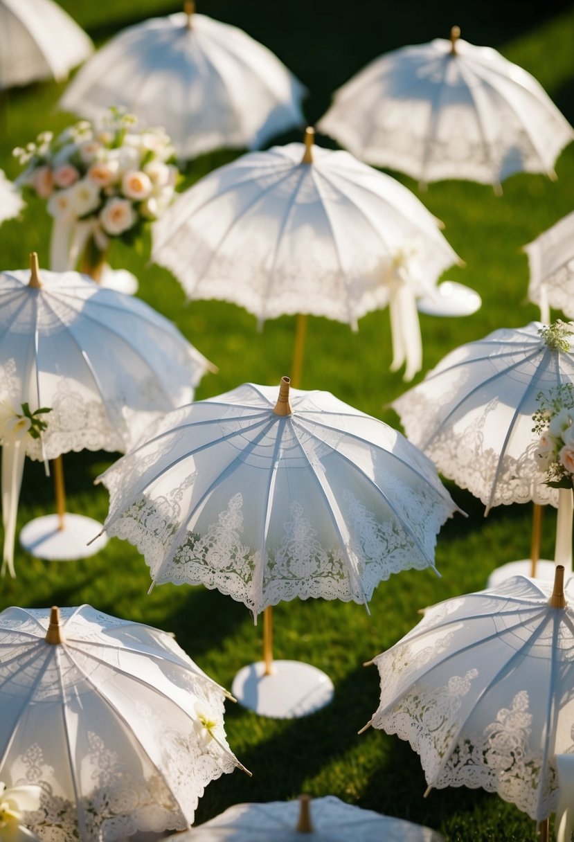 Vintage lace umbrellas arranged as wedding centerpieces, adorned with delicate flowers and ribbons, casting dappled shadows in the soft afternoon sunlight