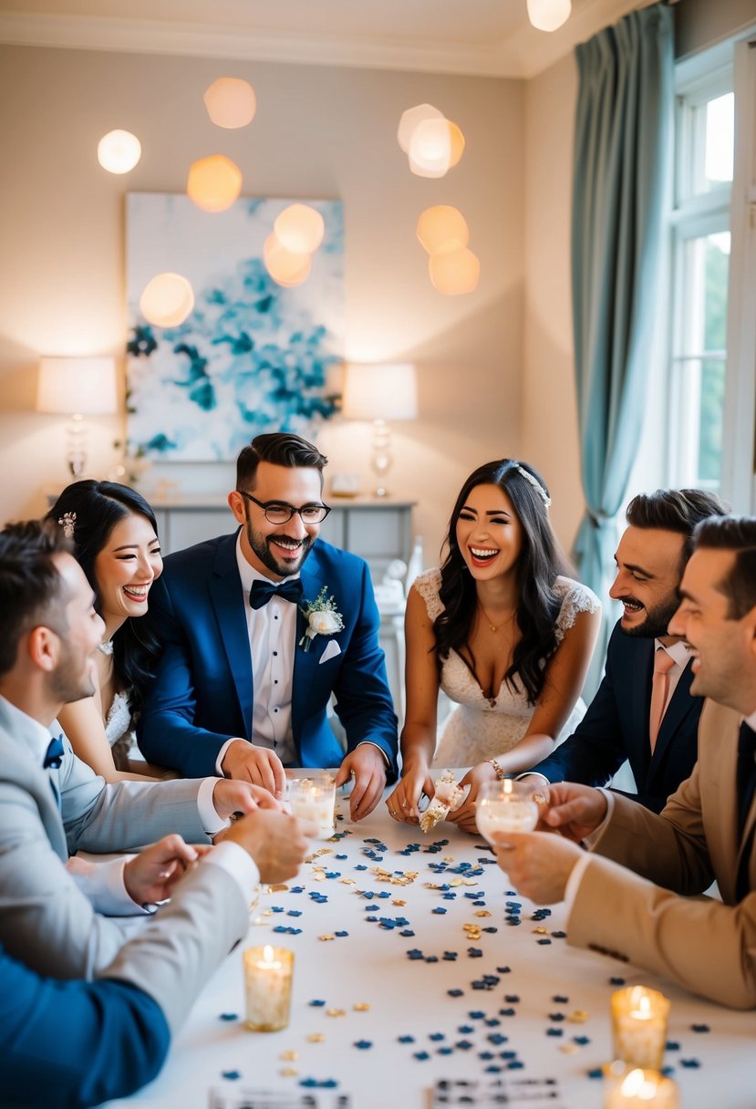 A group of friends gathered around a table, laughing and reminiscing while playing wedding-themed games. Memories and laughter fill the room