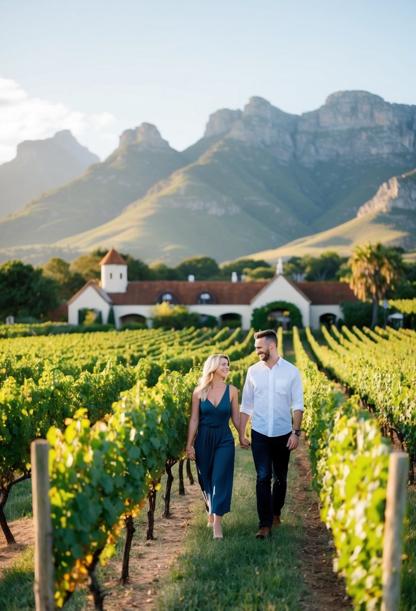 A couple strolling through lush vineyards, with mountains in the background and a charming winery in Stellenbosch, South Africa