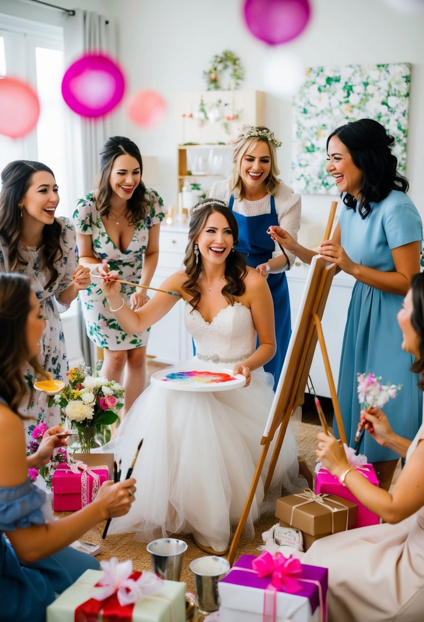 A bride-to-be sits surrounded by friends, holding a paintbrush and canvas. Wedding decor and gifts fill the room, creating a joyful and celebratory atmosphere