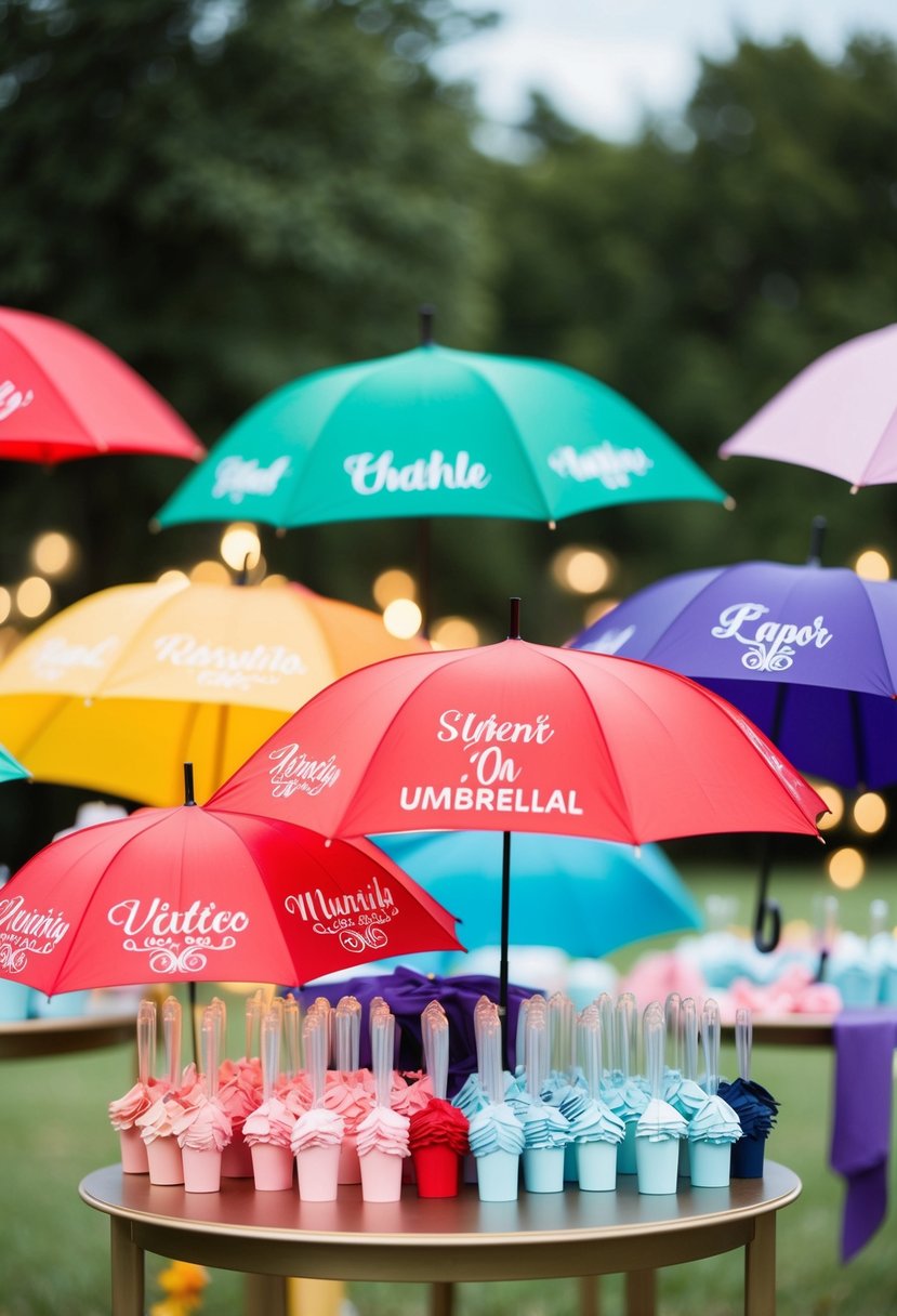 Colorful personalized umbrellas arranged in a decorative display for a wedding favor table