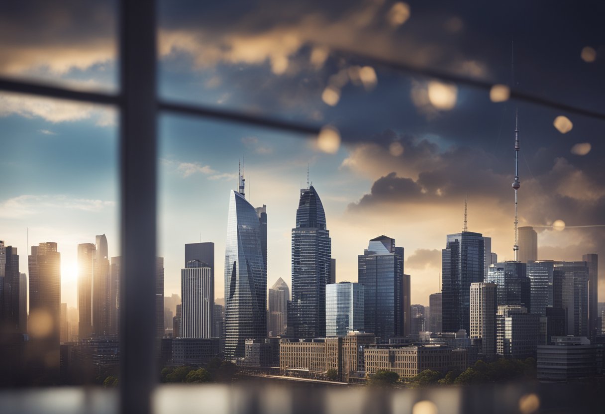 A bustling city skyline with a prominent office building being converted into residential units, surrounded by financial charts and graphs