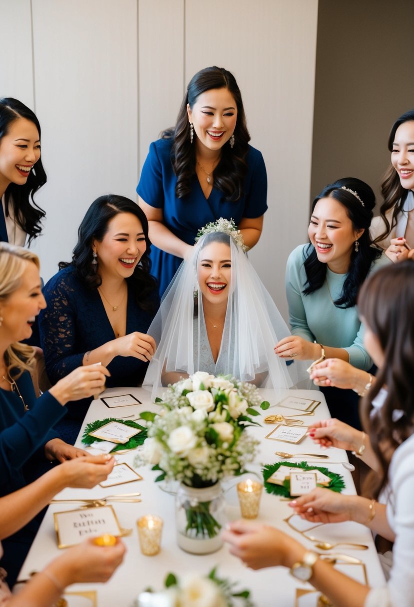 A group of women gather around a table filled with wedding-themed games and decorations. Laughter and chatter fill the room as they play "Pin the Veil" and celebrate the upcoming nuptials