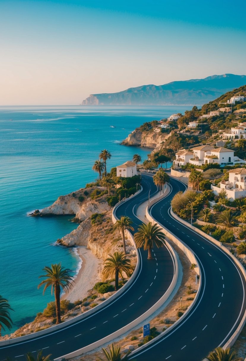 A winding coastal road with azure waters, palm trees, and charming villas, overlooking the Mediterranean Sea