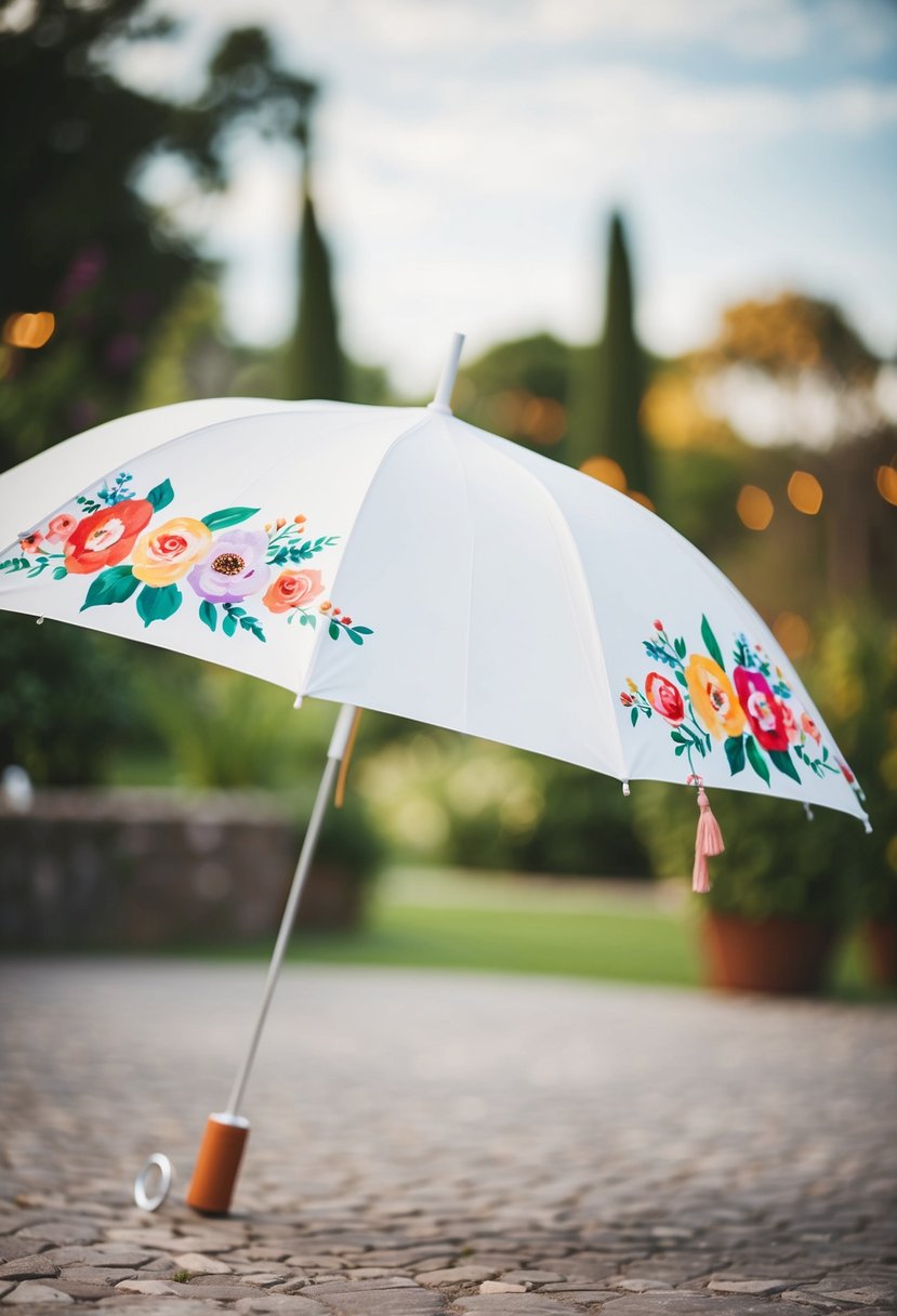 A white wedding umbrella adorned with colorful hand-painted floral designs