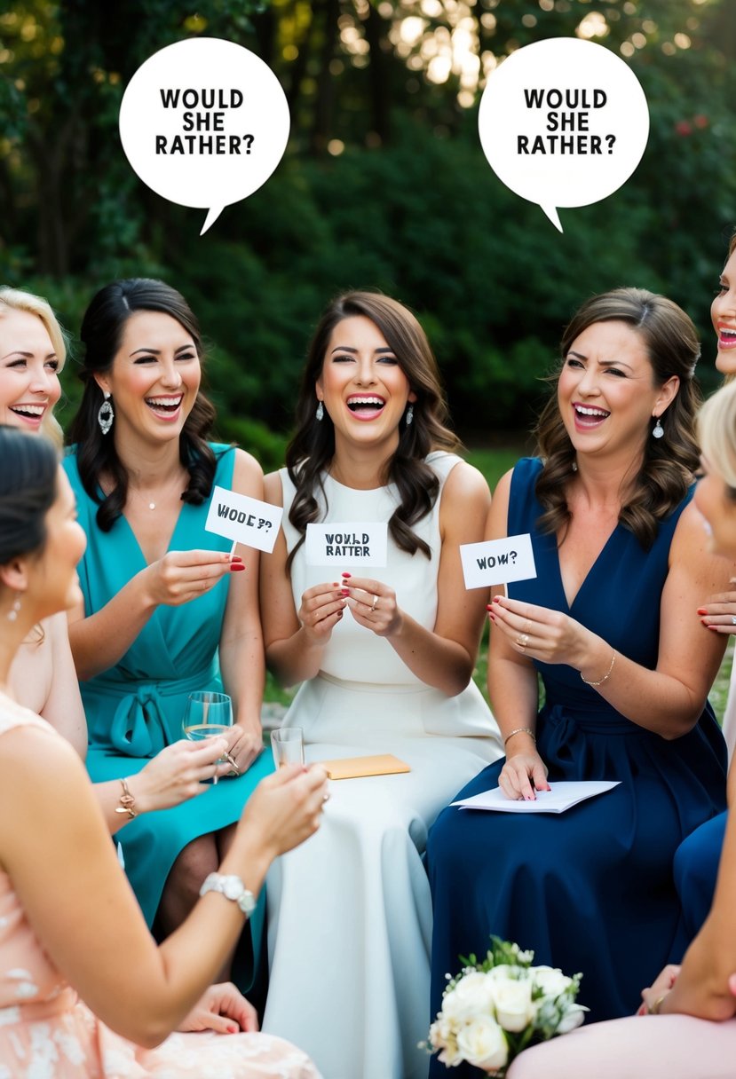 A group of women sit in a circle, laughing and chatting as they hold up two options for the bride-to-be to choose from in the "Would She Rather?" wedding shower game