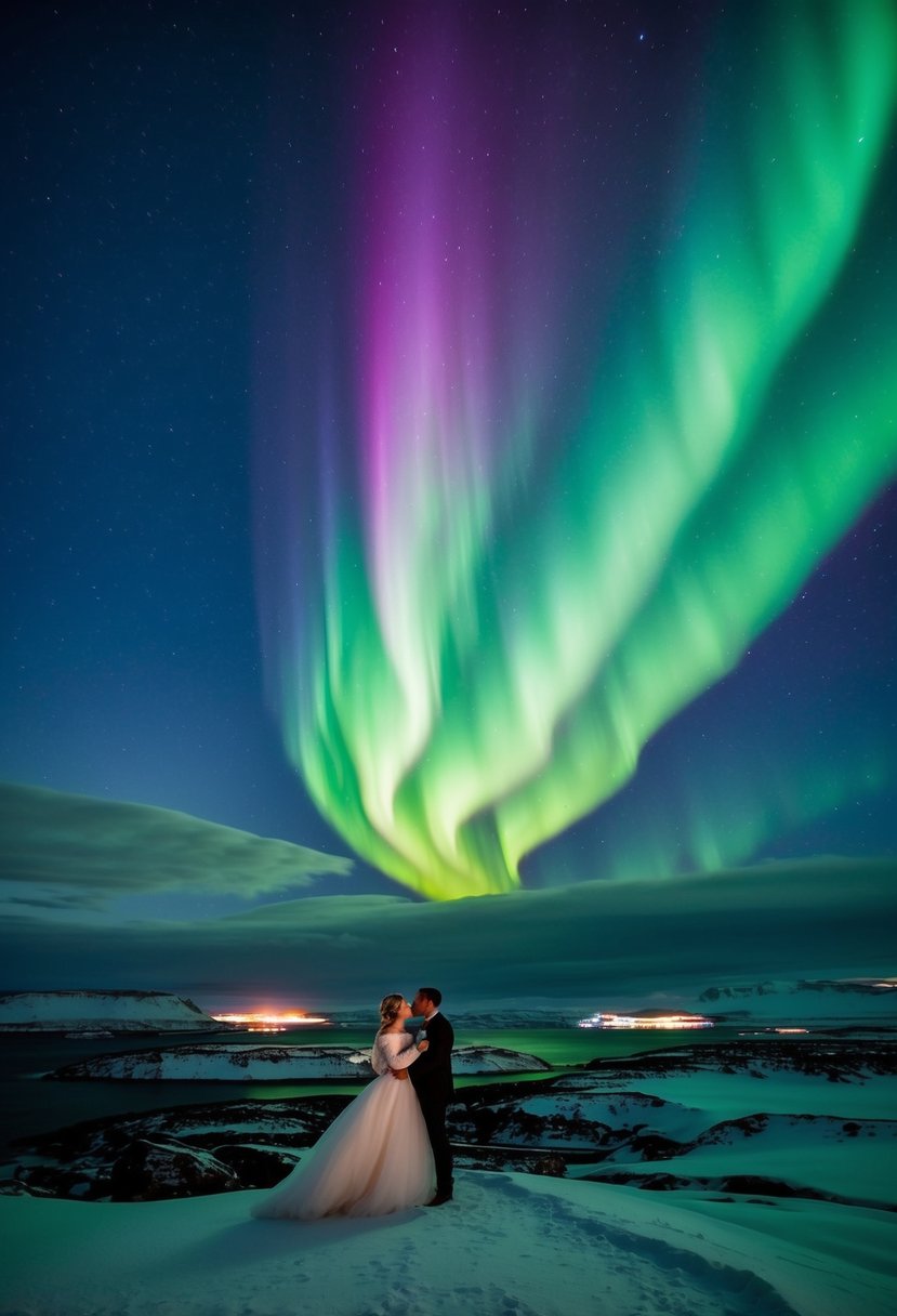 A mesmerizing display of colorful Northern Lights dancing across the night sky in Iceland, creating a mystical and enchanting atmosphere for a wedding anniversary celebration