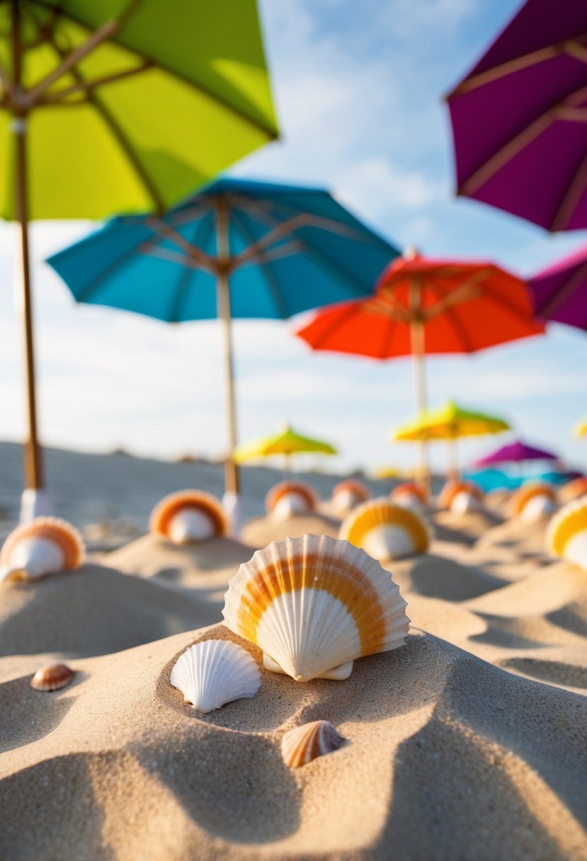 Colorful beach umbrellas adorned with seashells, arranged in a sandy wedding setting