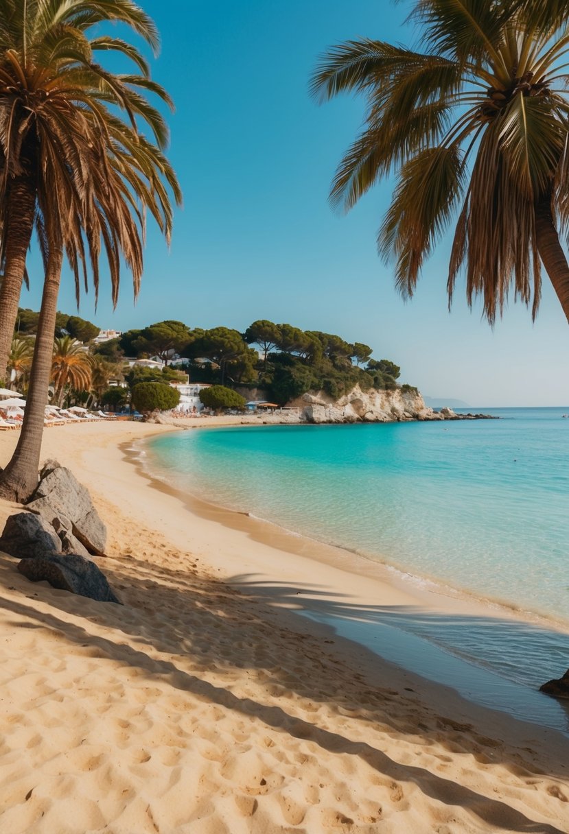 A tranquil beach cove on the Costa del Sol, with golden sand, clear turquoise water, and palm trees swaying in the gentle breeze