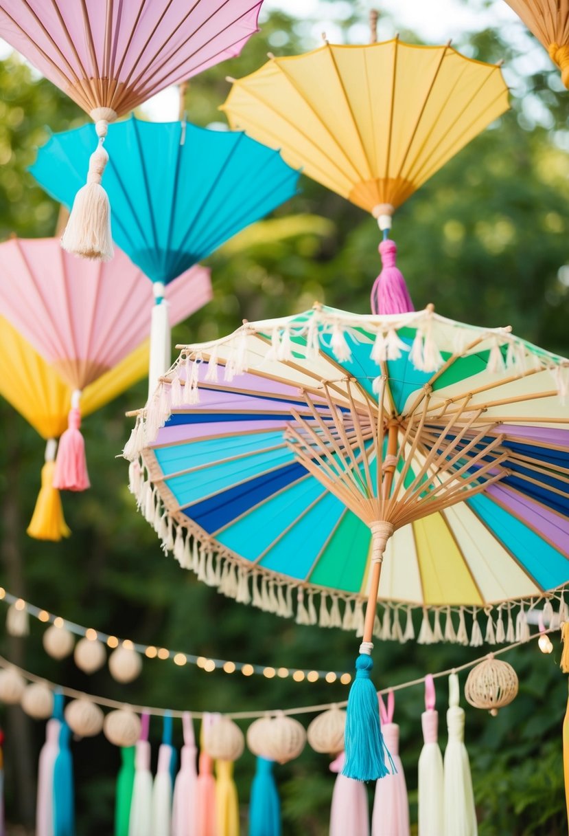 Colorful boho chic parasols with tassels arranged as wedding umbrella decorations