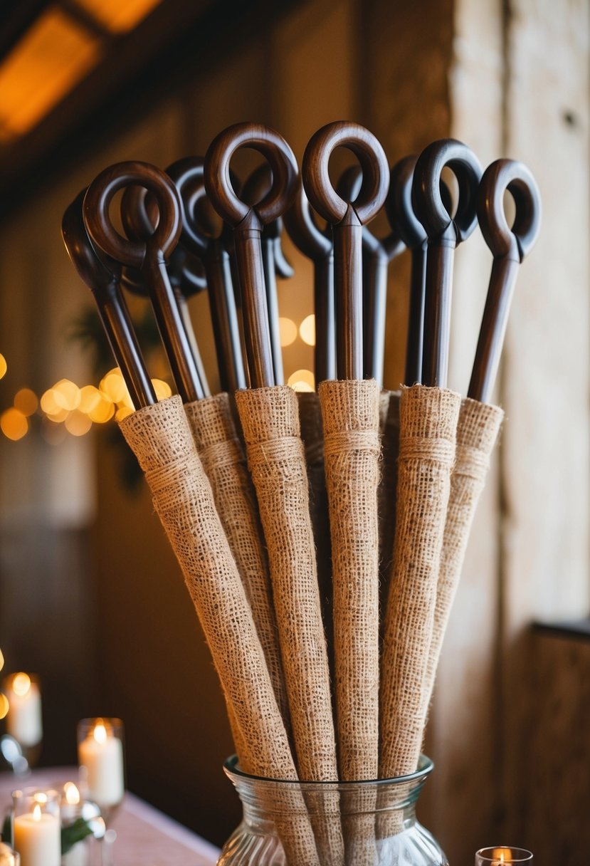 Rustic burlap-wrapped umbrella handles arranged in a decorative wedding display