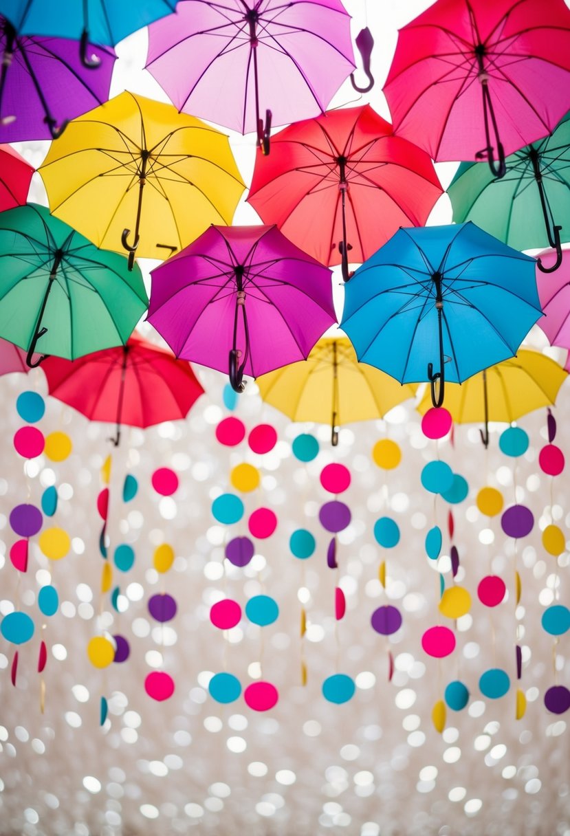 Colorful umbrellas hanging from a photo booth backdrop, creating a whimsical and festive wedding decoration