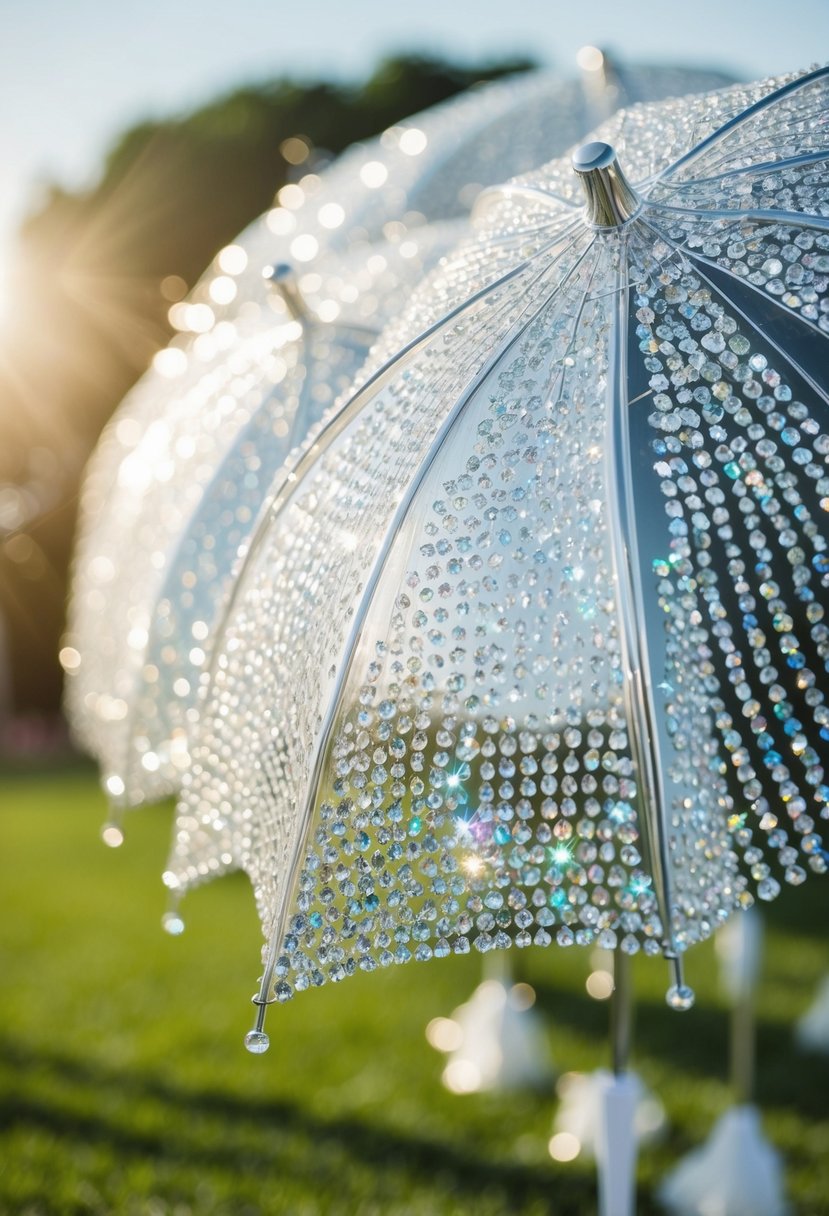 A row of crystal-studded umbrellas, sparkling in the sunlight, arranged as elegant wedding decorations