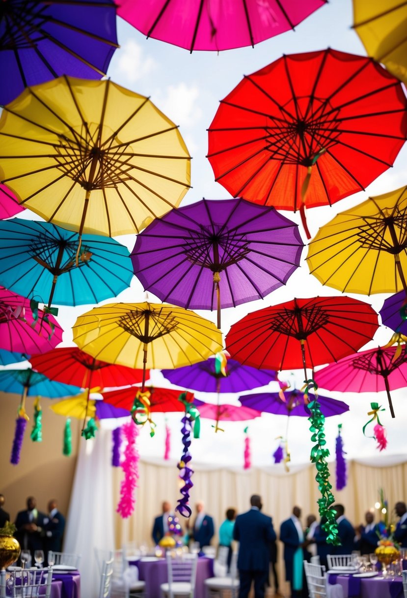 Colorful parasols suspended above a wedding reception, adorned with Mardi Gras-inspired decorations and ribbons, creating a festive and vibrant atmosphere