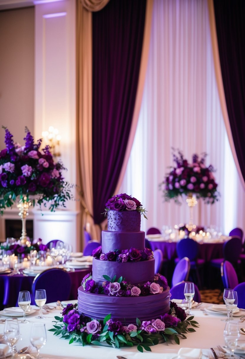 A grand purple wedding reception with elegant floral centerpieces and rich velvet drapes. A majestic cake adorned with deep purple flowers stands as the centerpiece