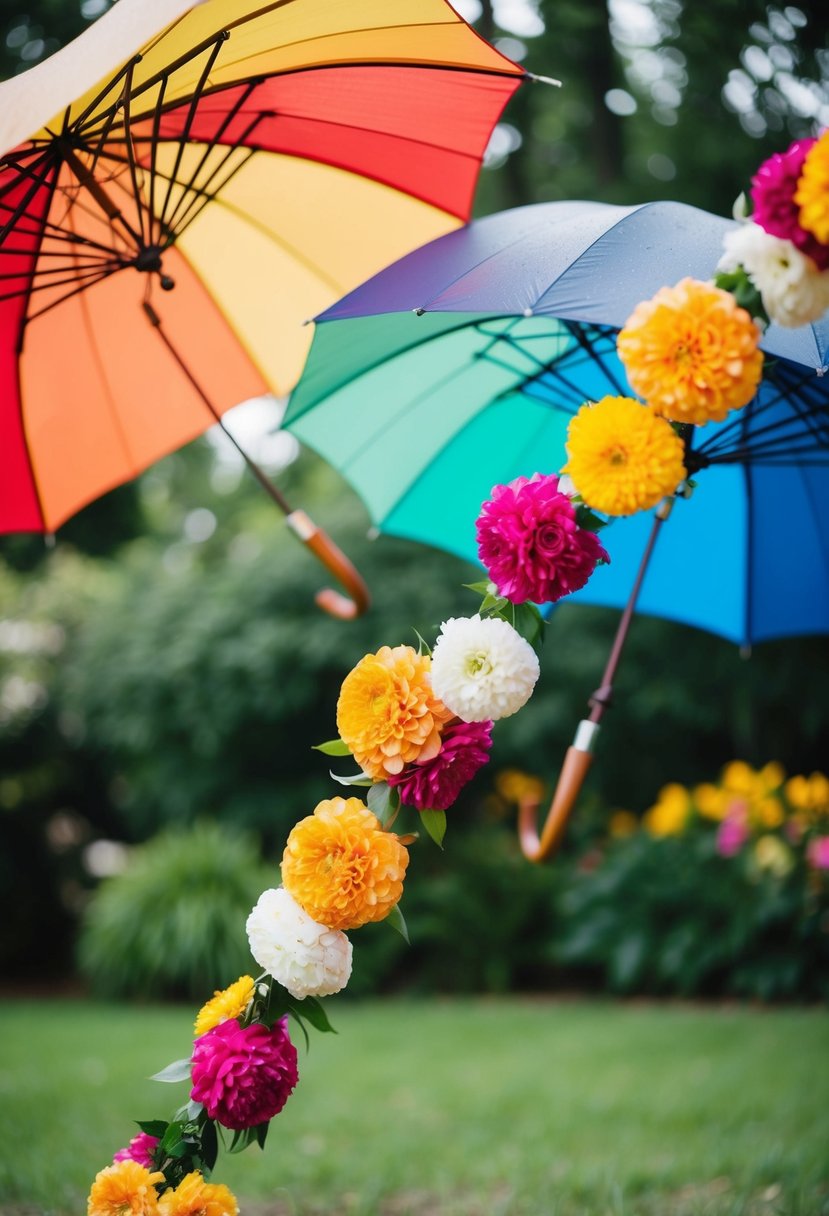 A colorful umbrella garland adorned with seasonal flowers for a wedding decoration