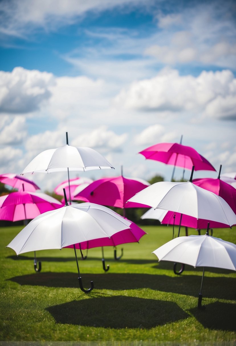 A group of matching bridal and bridesmaids' umbrellas arranged in a decorative display for a wedding celebration