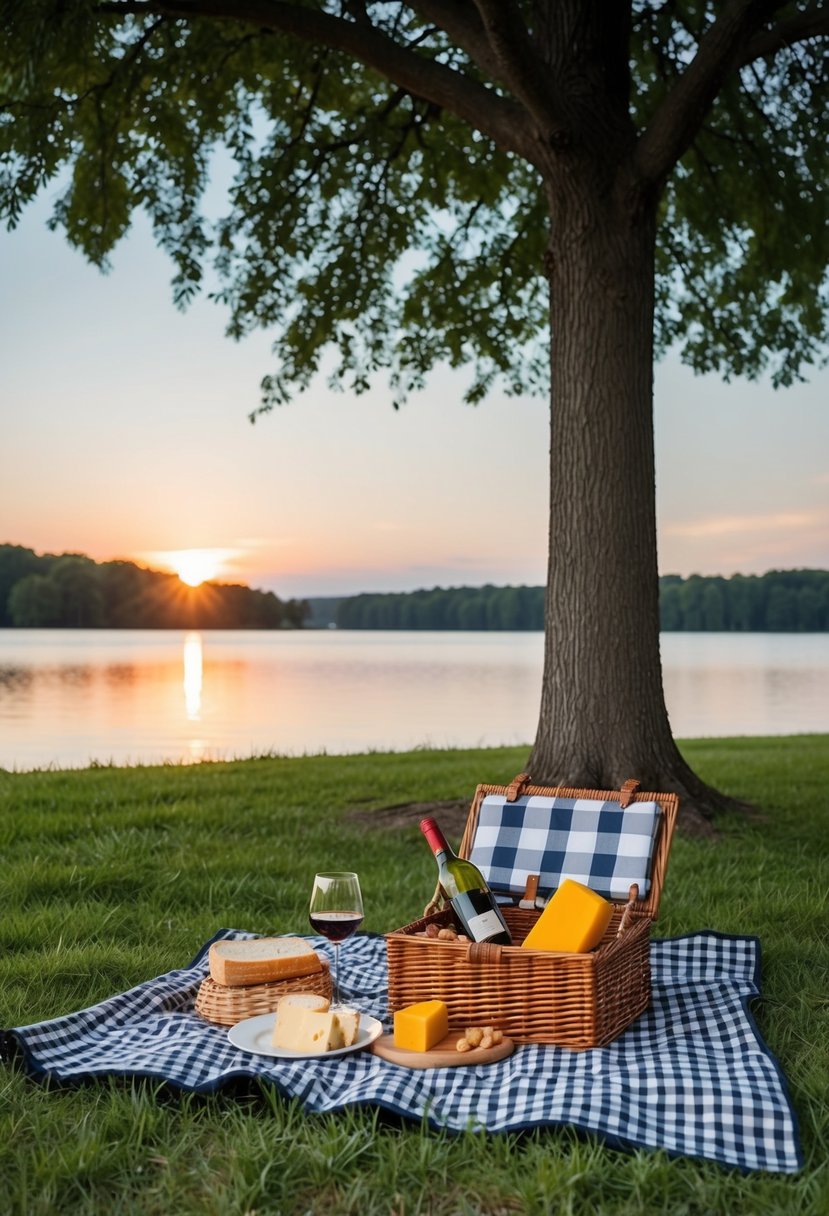 A cozy picnic under a tree, with a checkered blanket, a basket of wine and cheese, and a view of a serene lake reflecting the setting sun