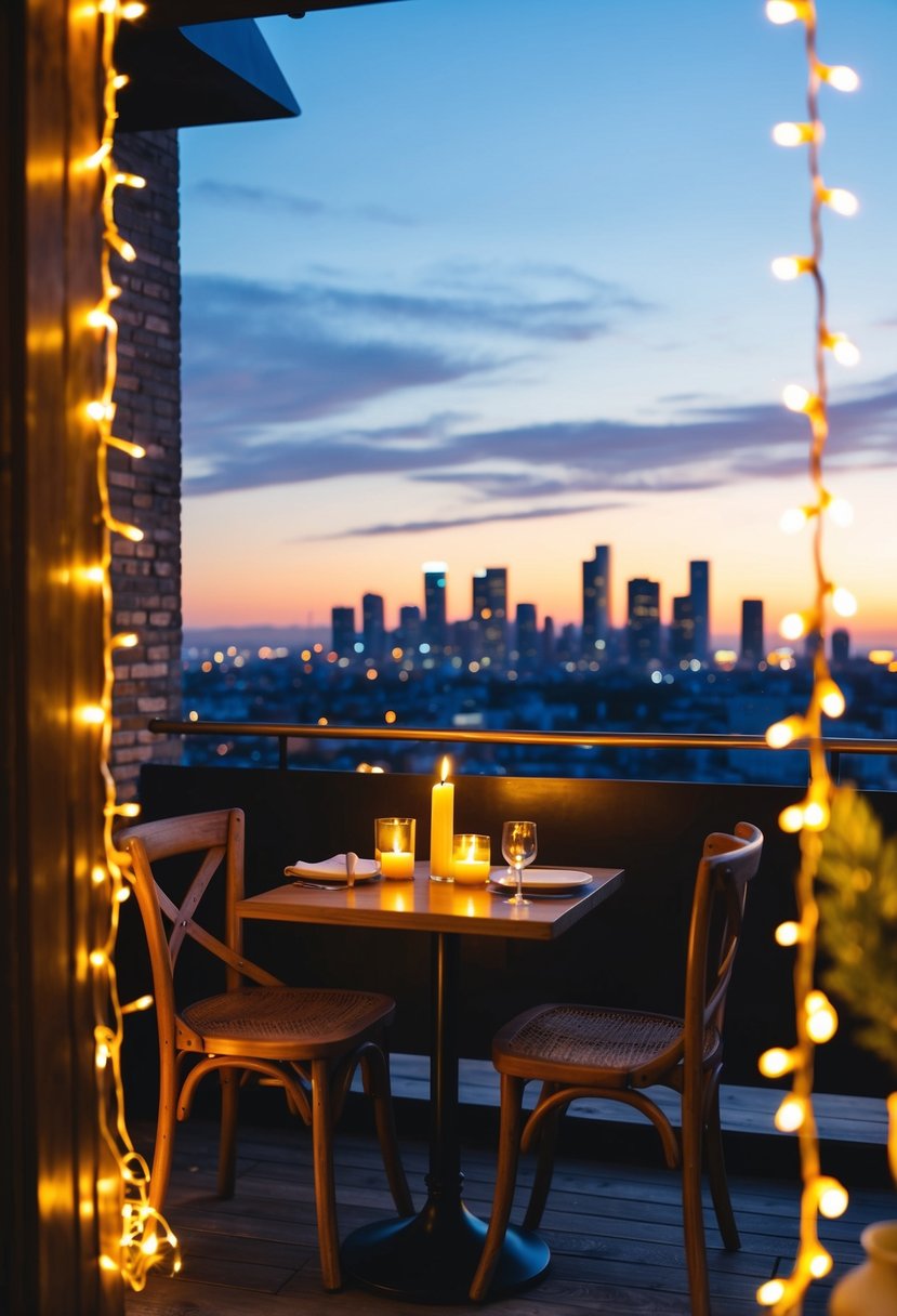 A cozy cafe with a candlelit table for two, surrounded by twinkling fairy lights and a view of the city skyline at sunset