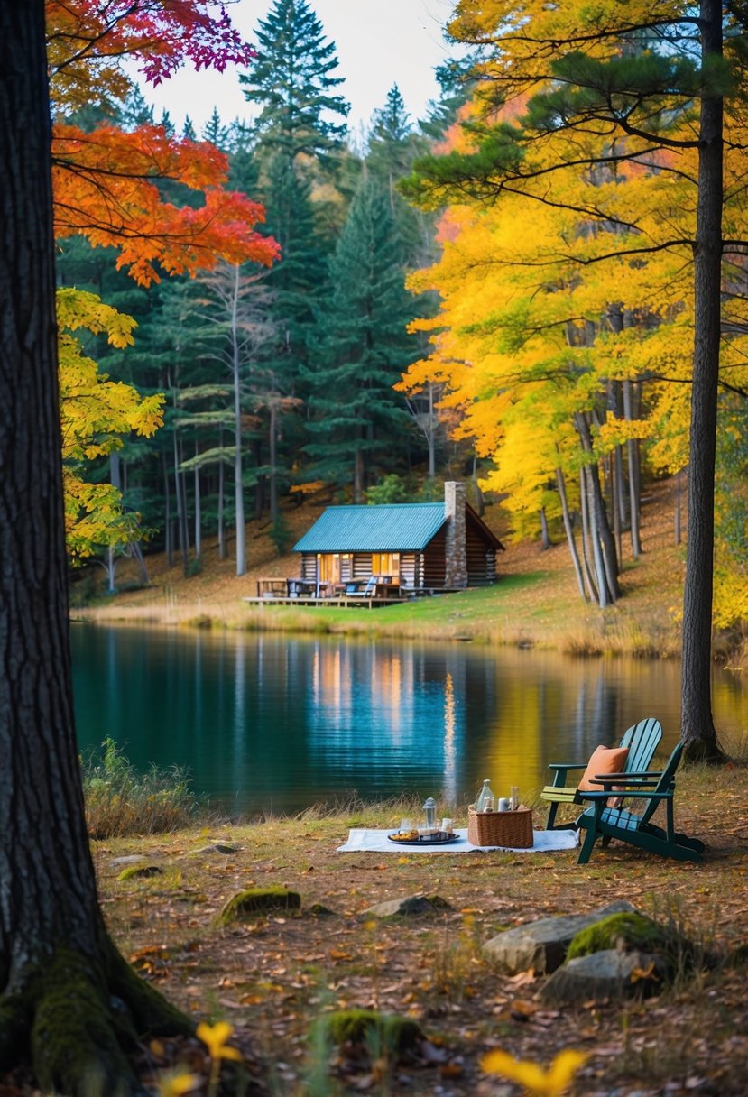 A cozy cabin nestled in a forest clearing, surrounded by colorful autumn foliage and a serene lake, with a picnic set up on the porch