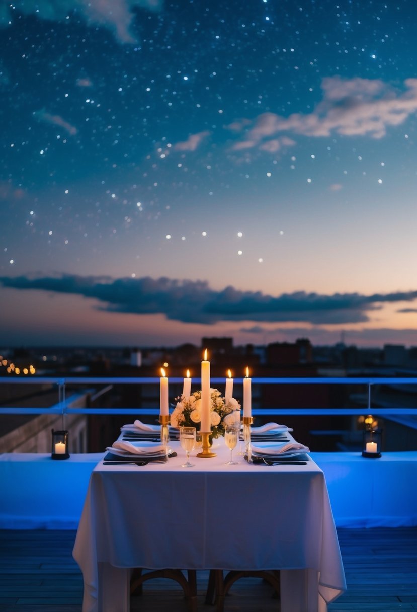 A table set with candles and flowers on a rooftop under a starry sky