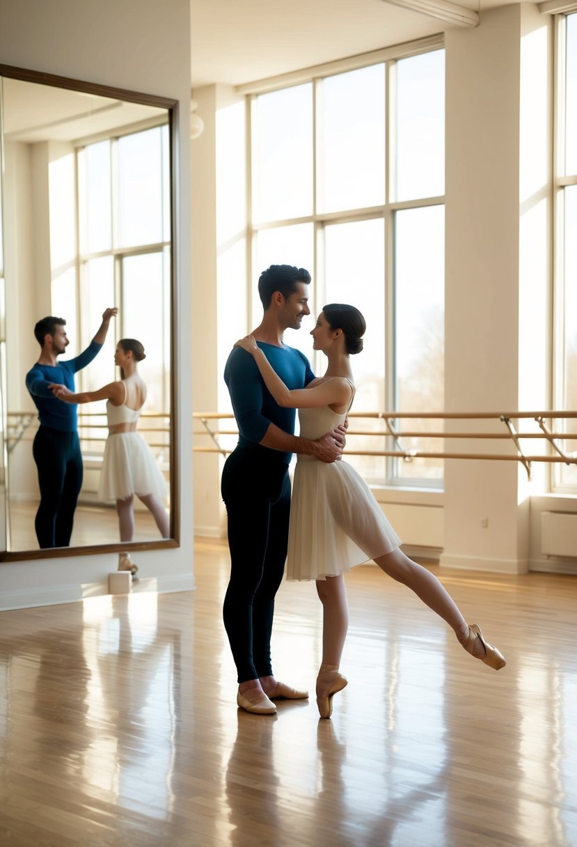 A couple gracefully moves in sync, surrounded by mirrors and ballet barres in a spacious dance studio. The sunlight streams in, casting a warm glow on the polished wooden floor