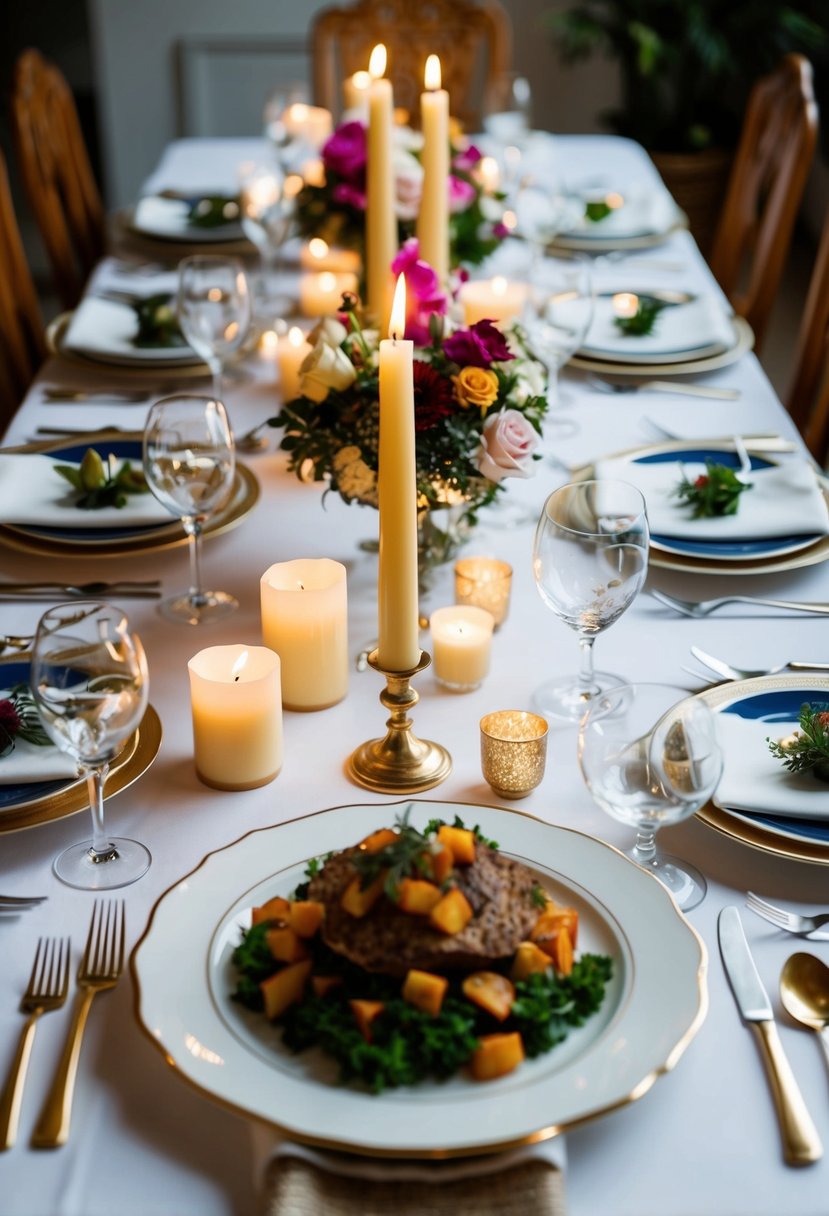 A beautifully set dining table with candles, flowers, and an elegant meal spread out on fine china