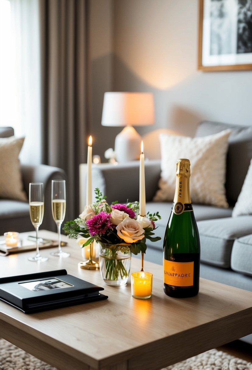 A cozy living room with a table set for two, adorned with flowers and candles. A photo album and a bottle of champagne sit nearby