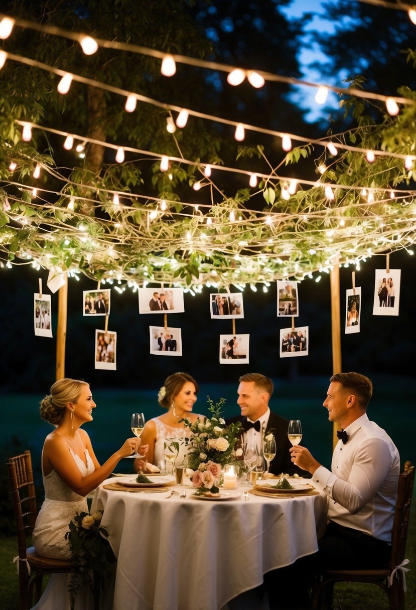 A romantic dinner under a canopy of fairy lights, surrounded by photos and mementos from the couple's two years together