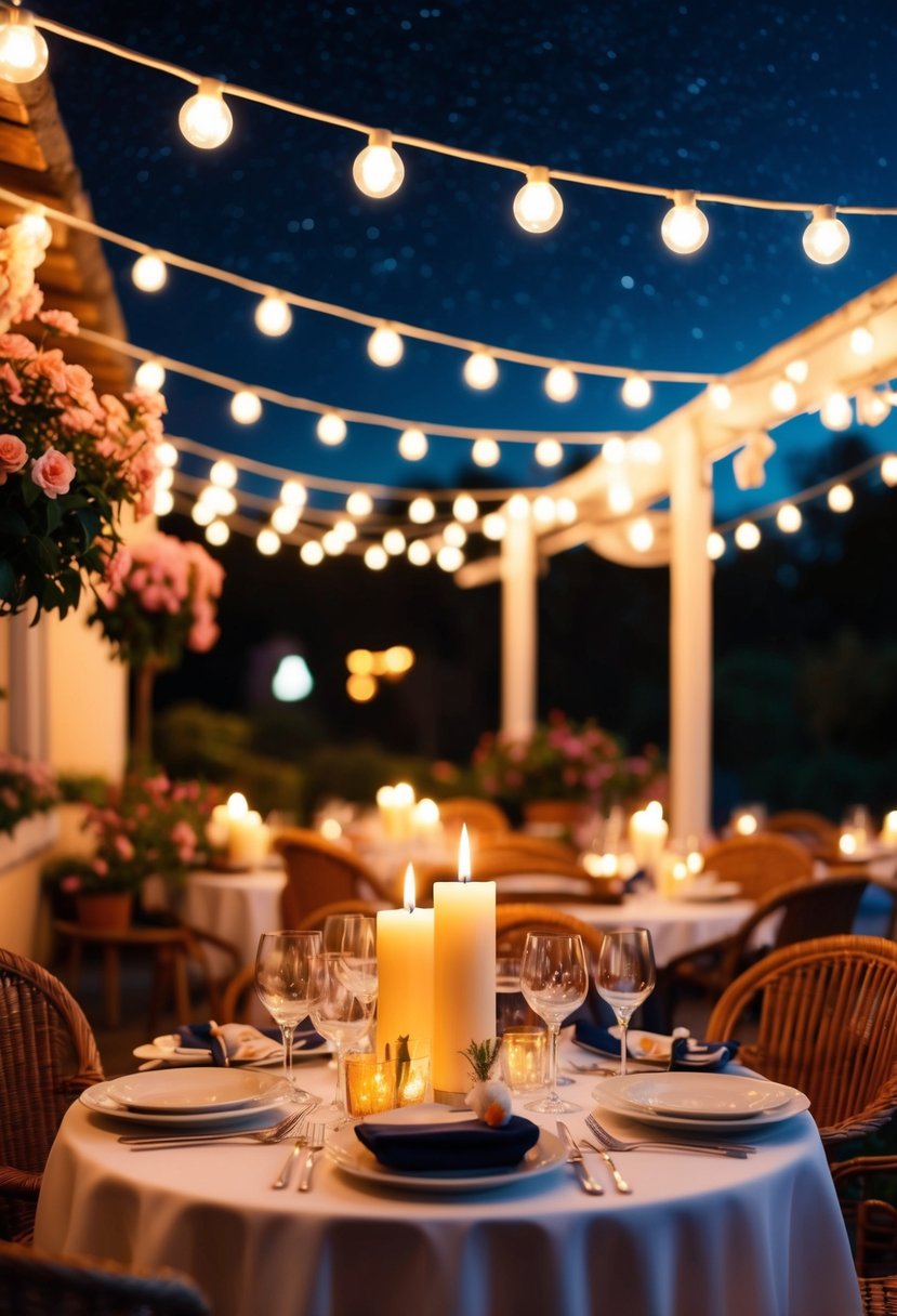 A cozy candlelit dinner at a charming outdoor cafe, surrounded by blooming flowers and twinkling lights under a starry sky