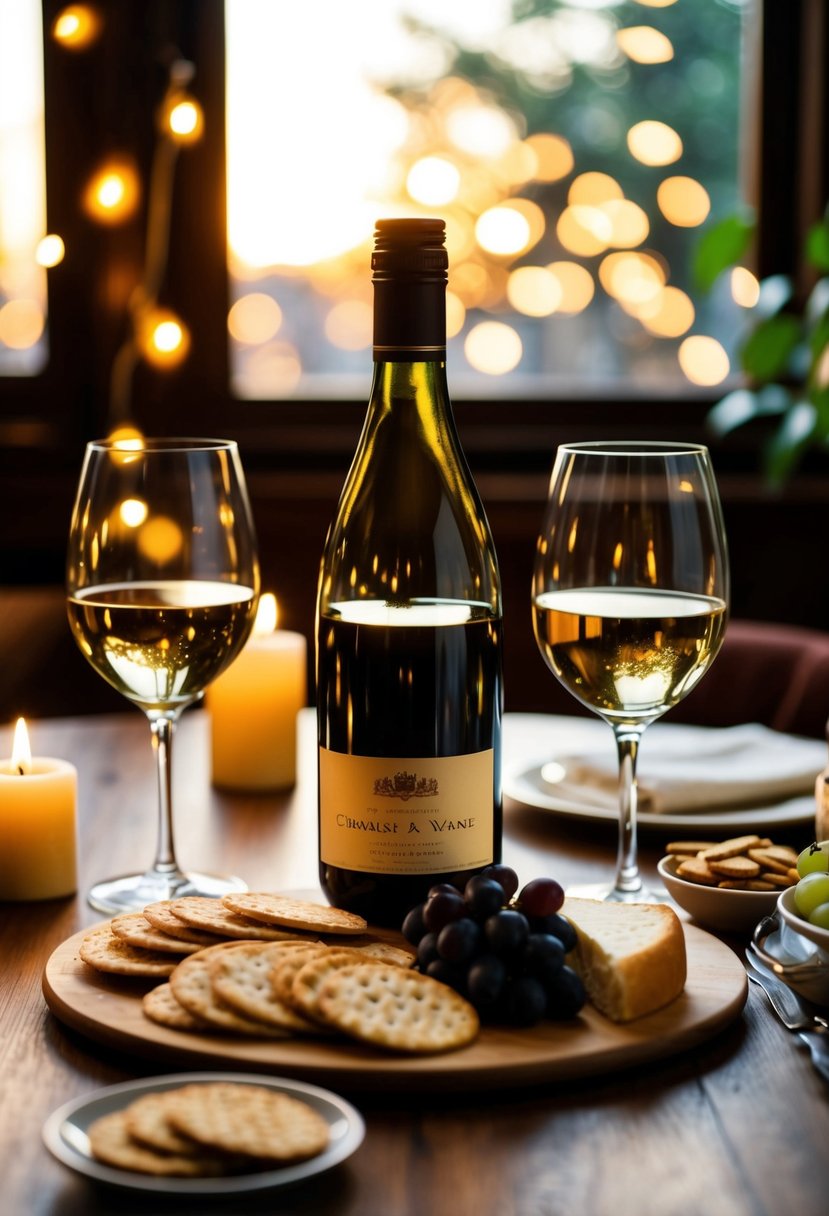 A cozy table with a bottle of wine, two glasses, assorted cheeses, grapes, and crackers under soft candlelight