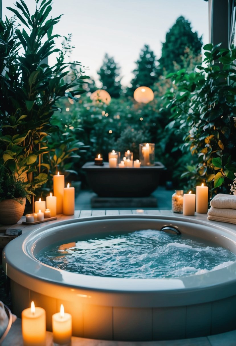 A serene spa with candles, soft music, and a bubbling hot tub surrounded by lush greenery and calming decor