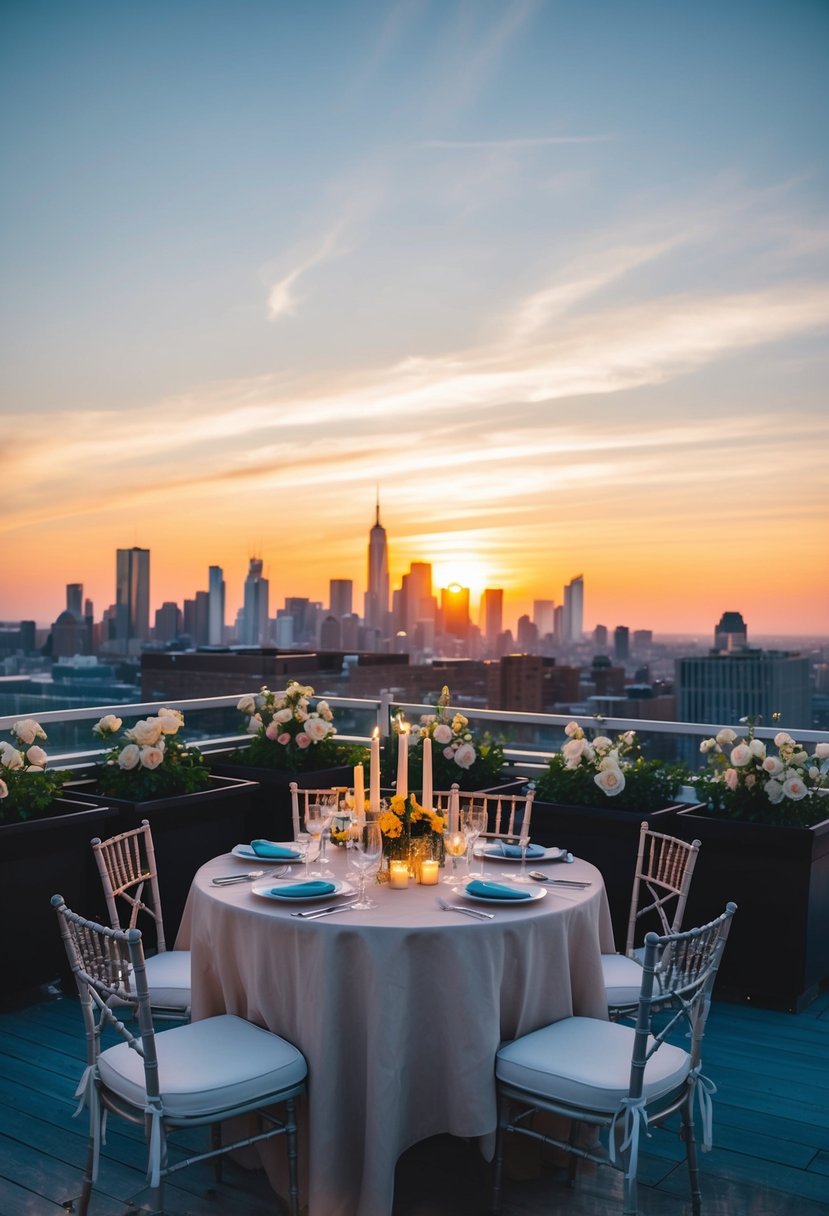 A rooftop dinner with a table set for two, adorned with candles and flowers, overlooking a city skyline at sunset