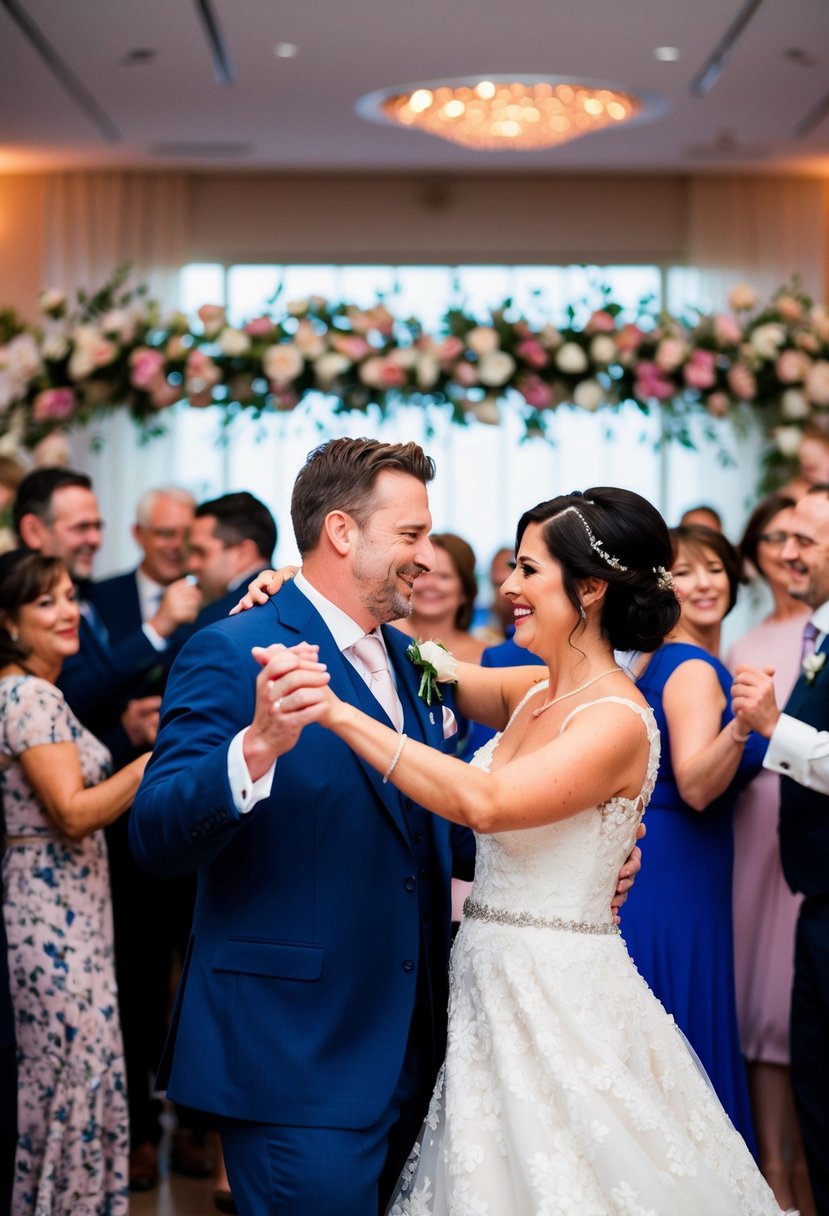 A bride and groom dancing together surrounded by friends and family, with a beautiful wedding cake and flowers in the background