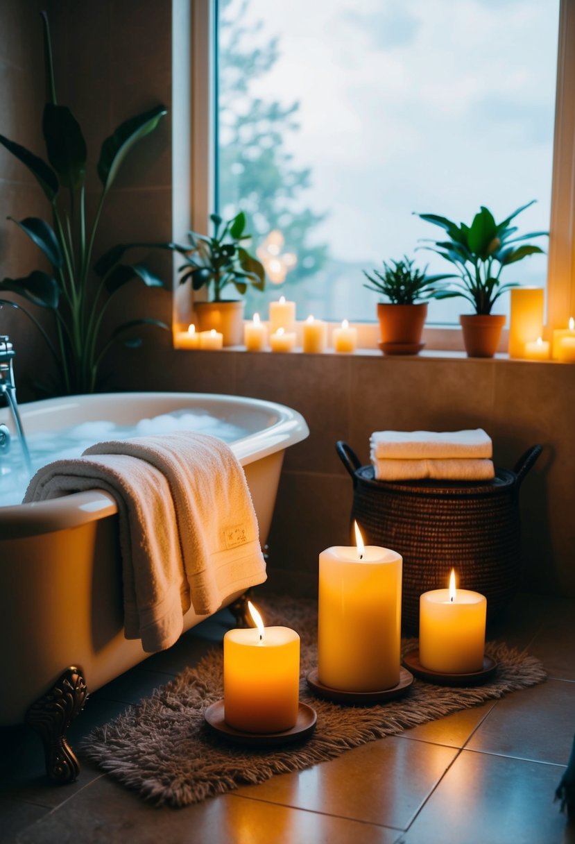 A cozy bathroom with flickering candles, fluffy towels, and a bubbling bathtub surrounded by potted plants and soothing music