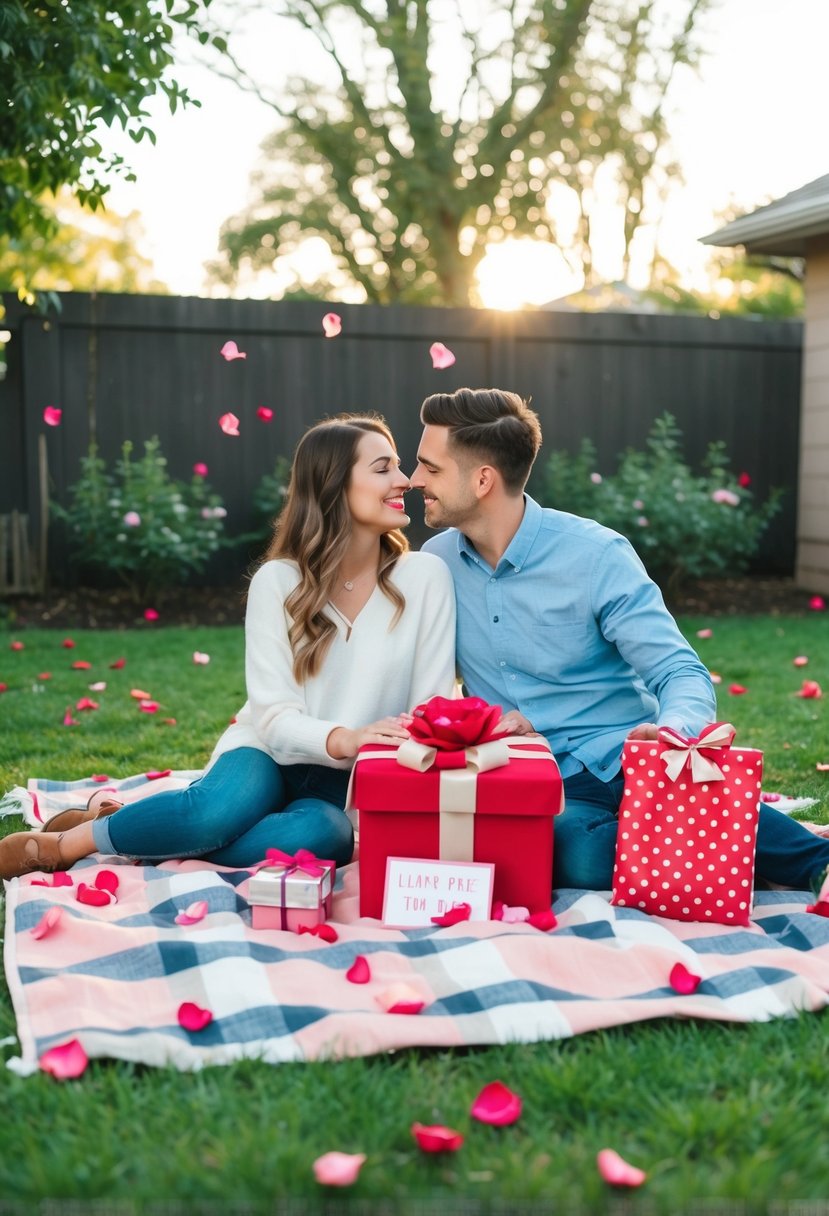 A couple's backyard with a picnic blanket, scattered rose petals, and hidden clues leading to a gift