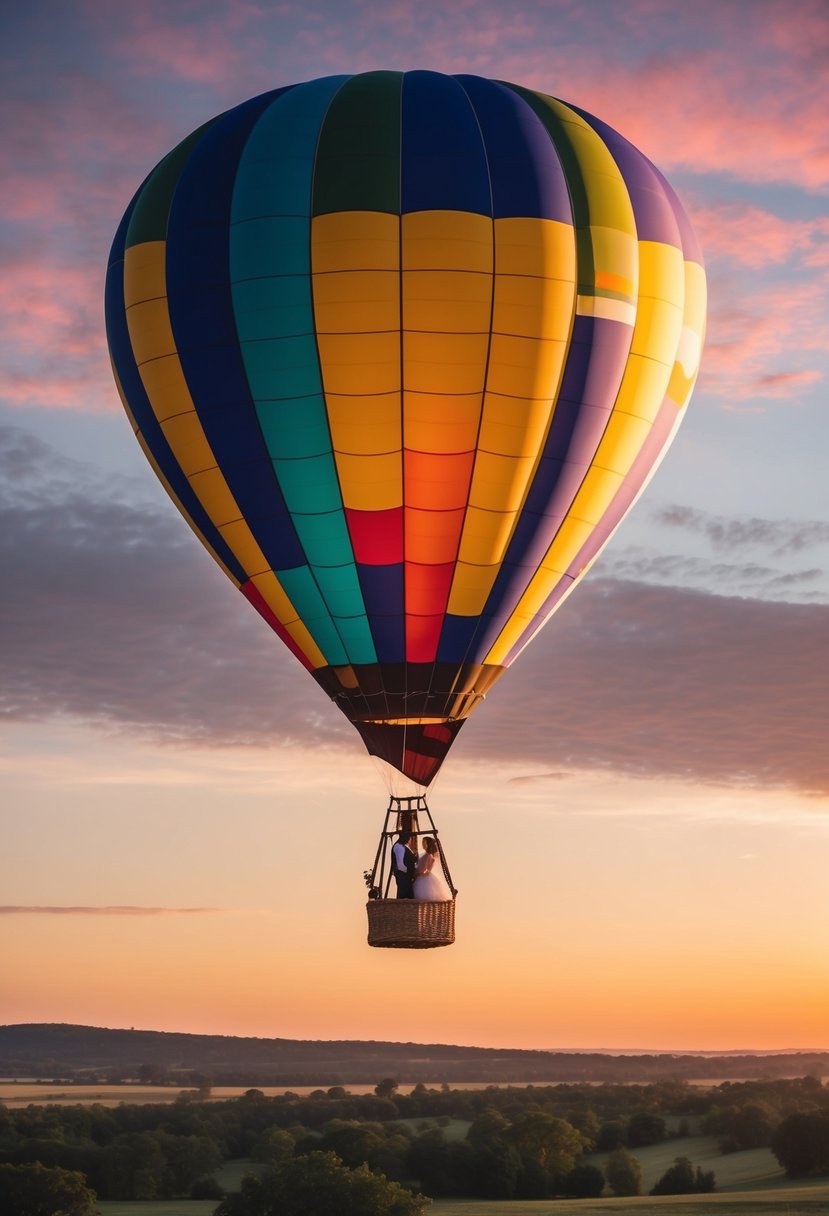 A colorful hot air balloon floats above a scenic landscape at sunset, with a couple inside celebrating their 69th wedding anniversary