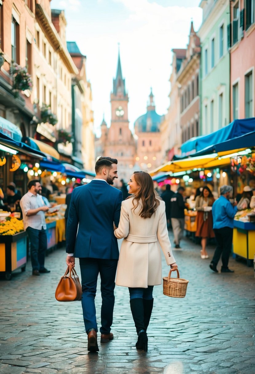 A couple strolls through a bustling city square, surrounded by colorful buildings, street vendors, and lively music