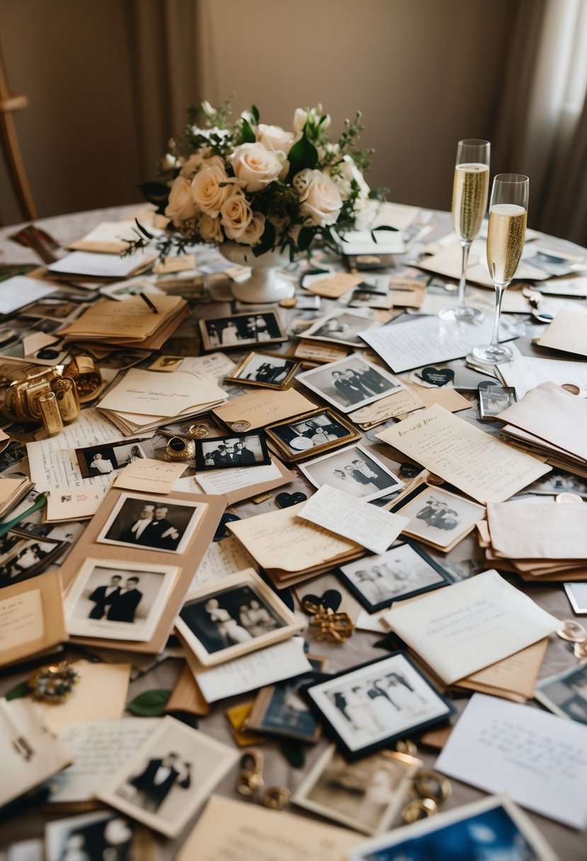 A table covered in old photographs, love letters, and mementos from 69 years of marriage. A pair of champagne glasses and a wedding cake topper sit beside the pile