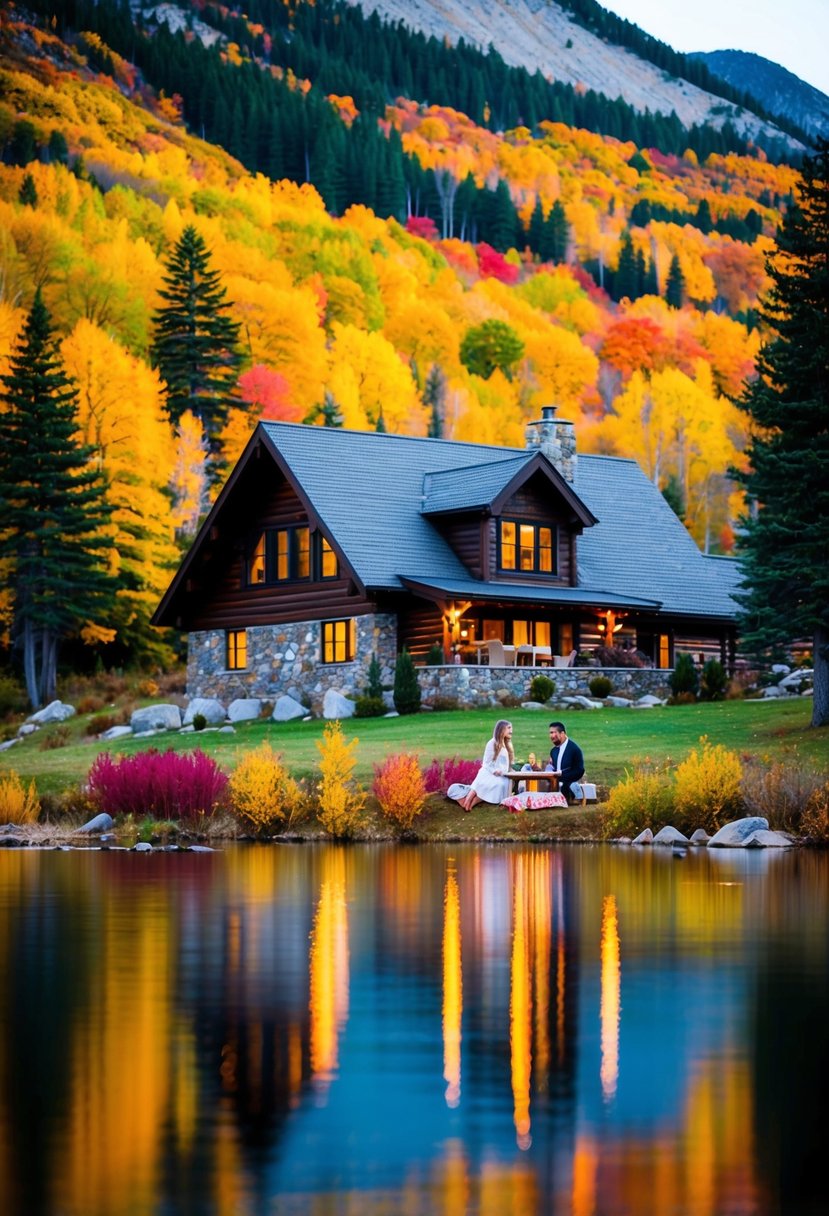 A cozy cabin nestled in the mountains, surrounded by colorful autumn foliage and a serene lake, with a couple enjoying a romantic picnic