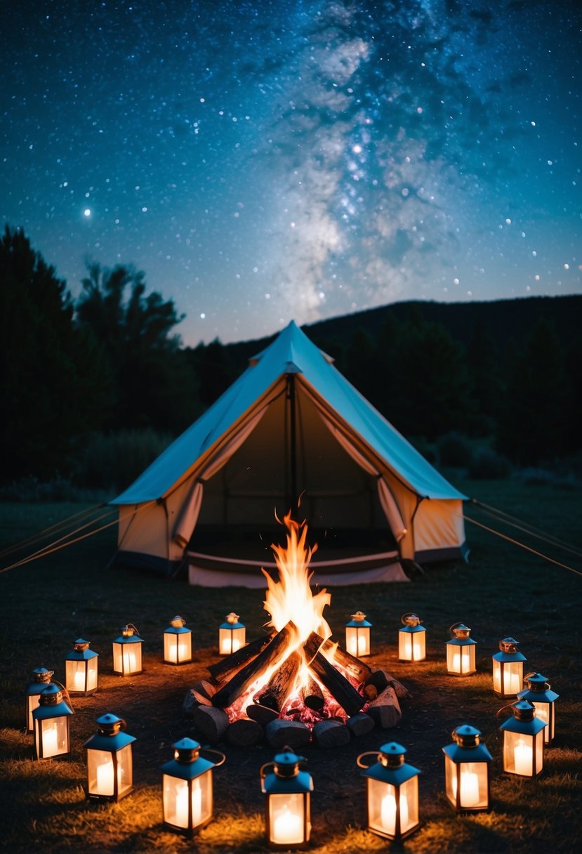 A cozy campfire surrounded by a circle of lanterns, with a tent in the background and a starry night sky above