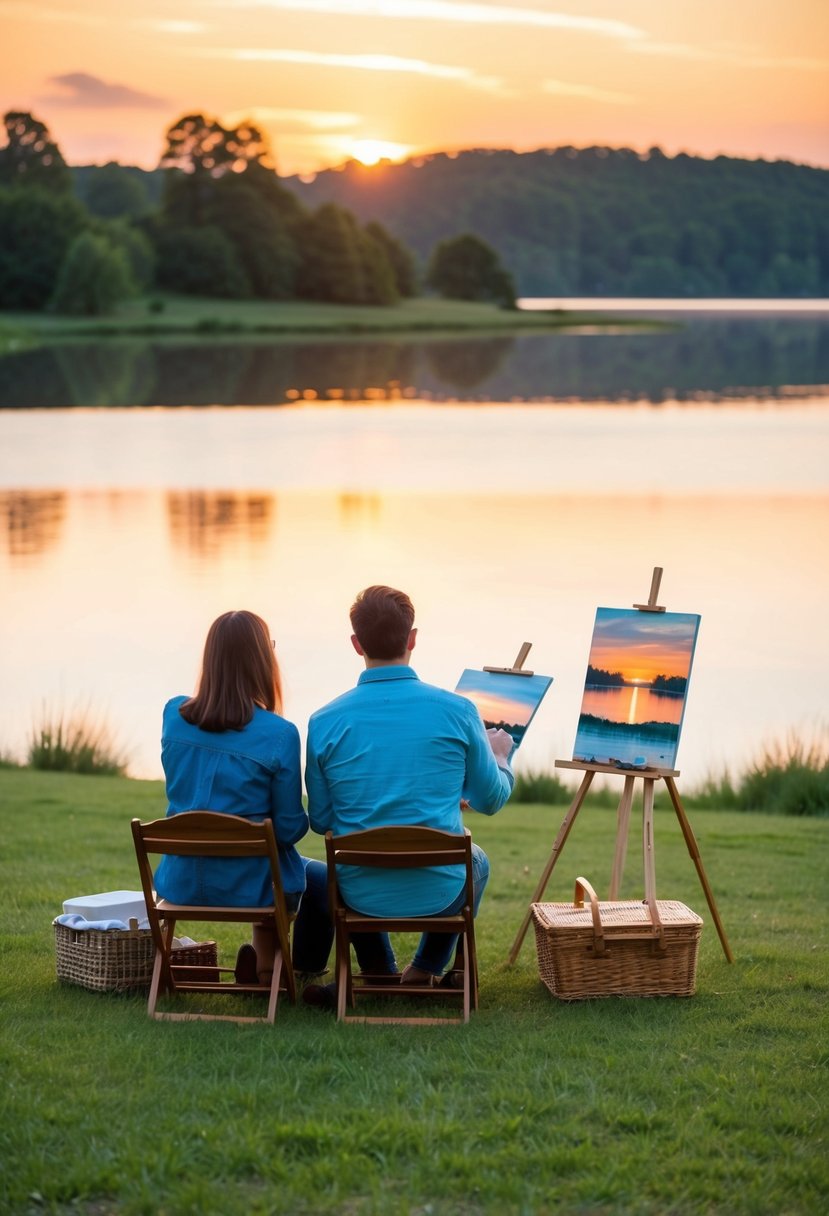 A couple sits side by side on a grassy hill, painting the sunset over a tranquil lake. A picnic basket and easels are nearby